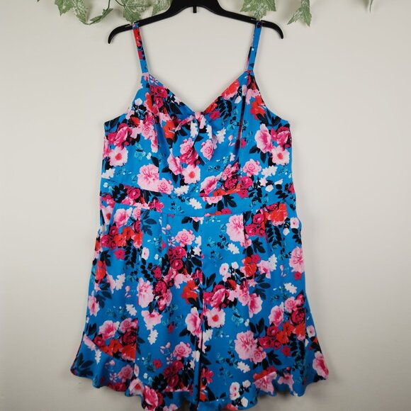 Torrid Sz 3X (22-24) Blue Floral Spaghetti Straps Ruffle Hem Romper Pockets NWT - Picture 2 of 12